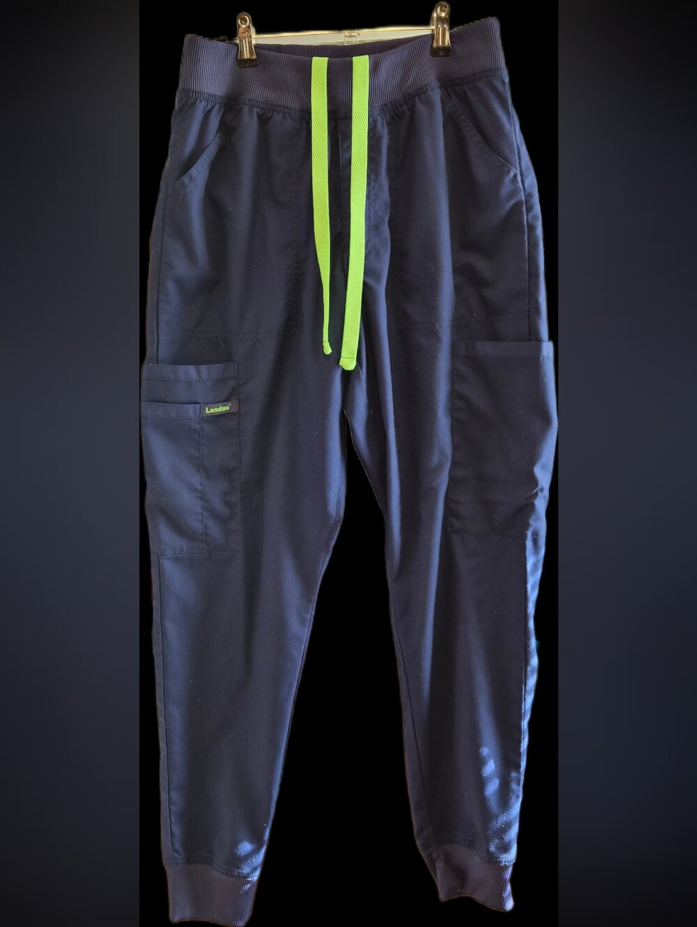 Landau Men's Navy Jogger Scrub Pants with Lime Drawstring